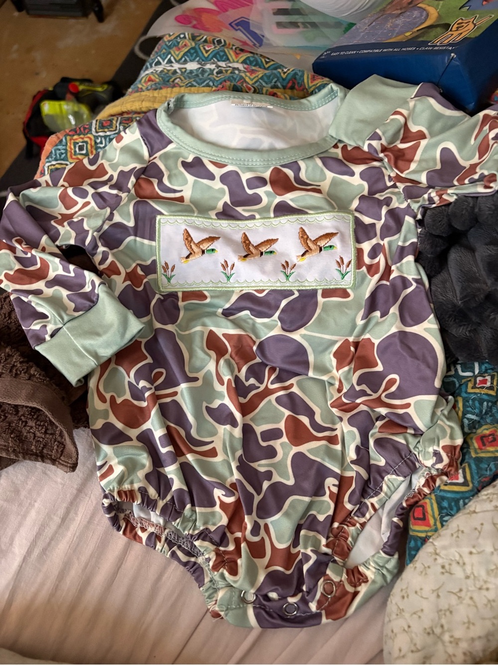 Baby Camouflage Ruffled Romper with Duck Smocking. 2 outfits size 12-18 months